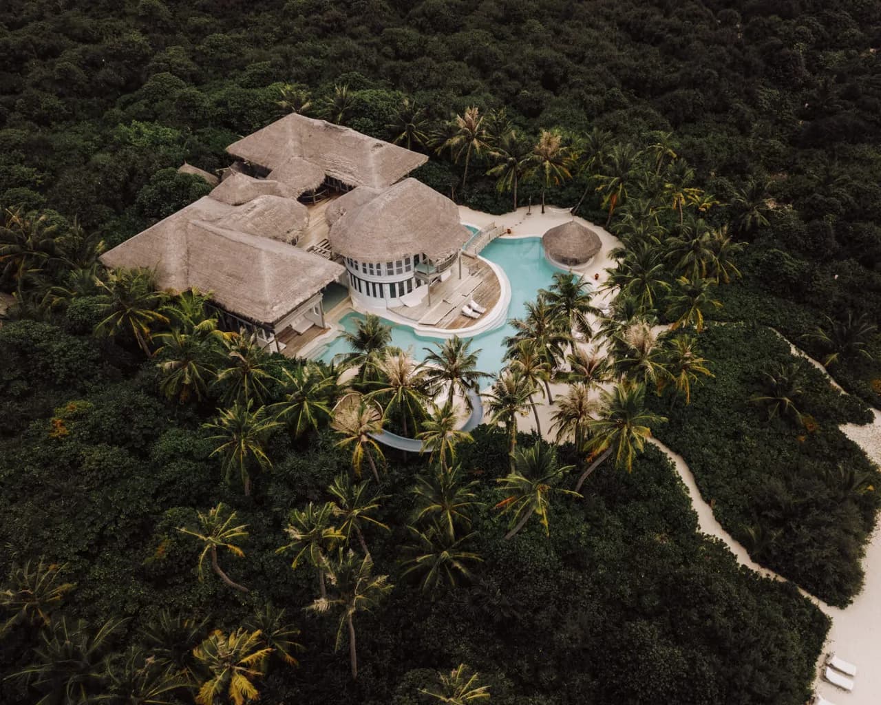 Aerial view of a luxury villa with thatched roofs, a curving pool, and palm trees, surrounded by dense green forest and a sandy pathway, reminiscent of the exclusive Soneva Jani Island Reserve with slide.